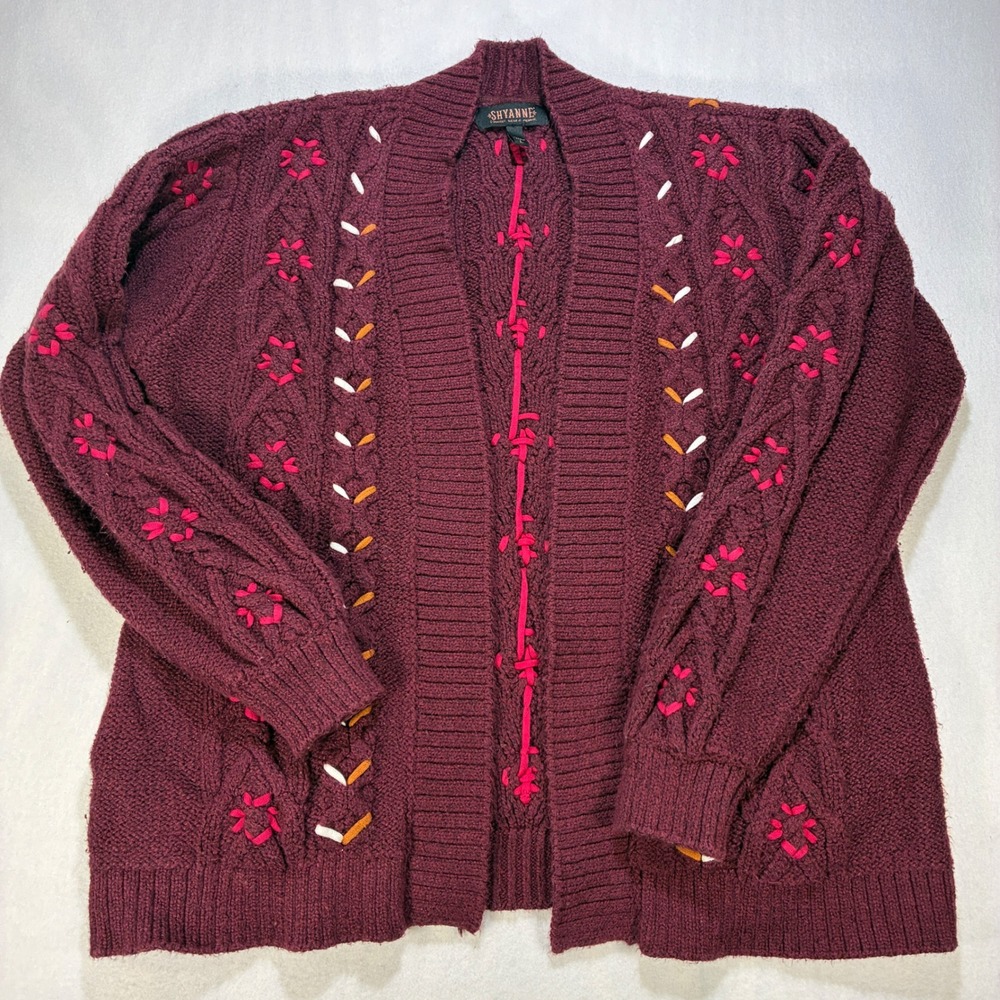 Shyanne Embroidered Cable Knit Cardigan Sweater Women L Burgundy Boho Western